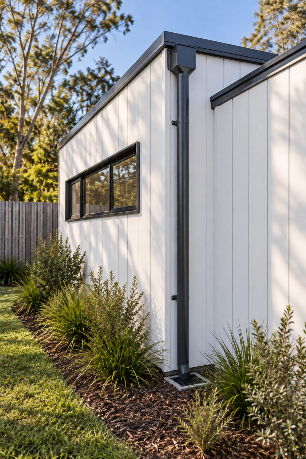 Box gutter and downpipe at the rear corner — Vertical board