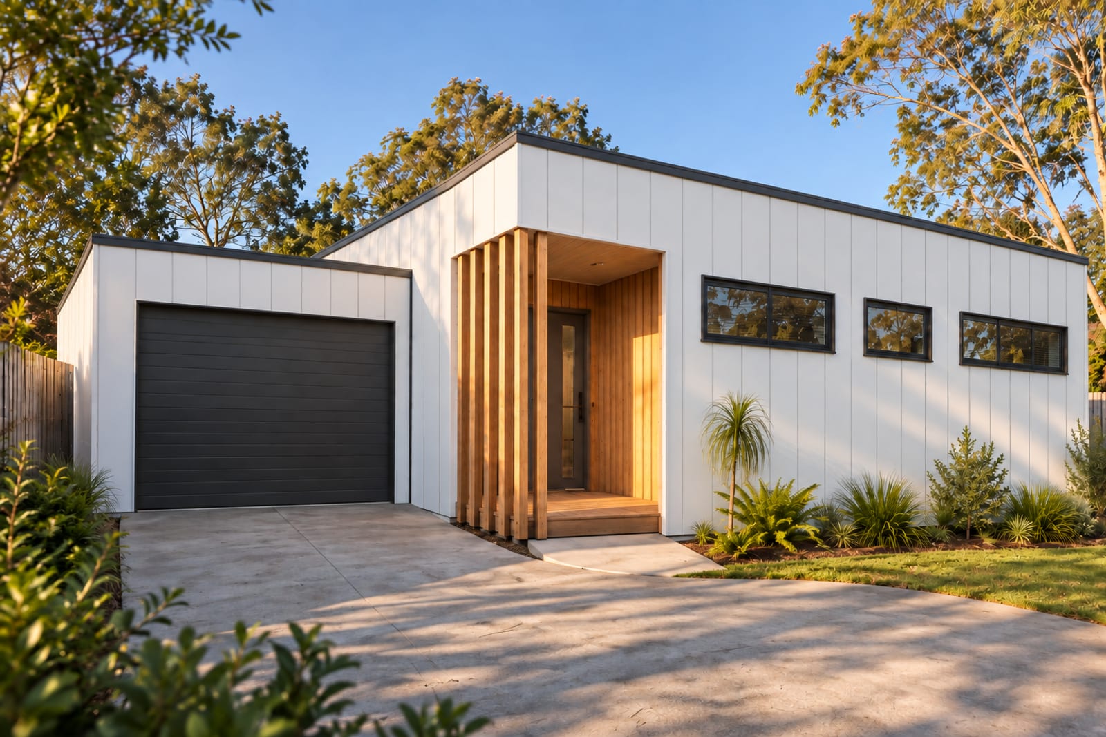 One roof plane over house and garage — Vertical board