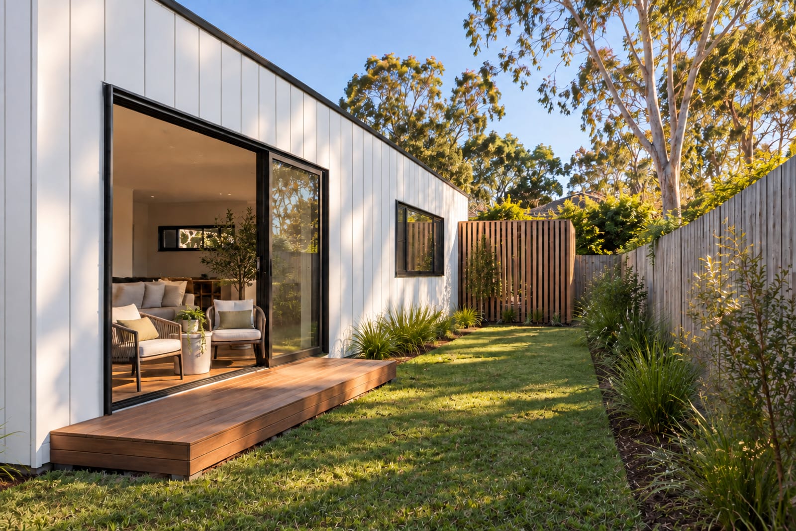 East side: sliding door and deck — Vertical board