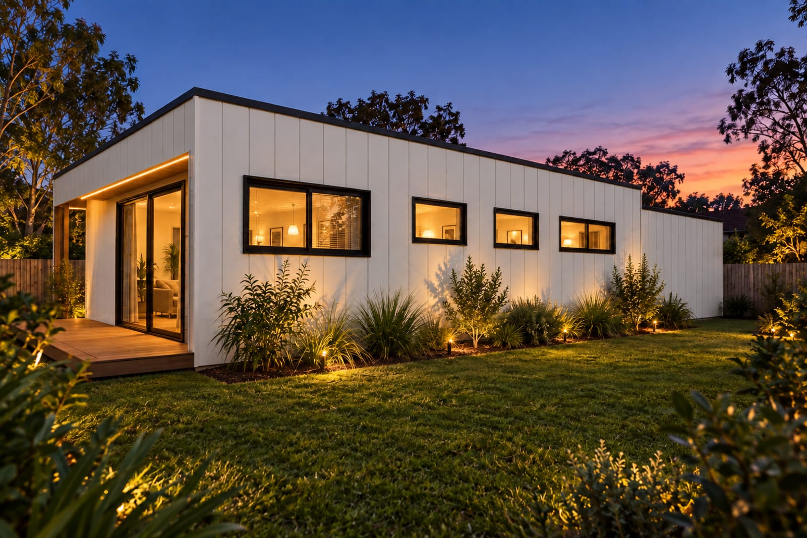 Rear corner at dusk — Vertical board