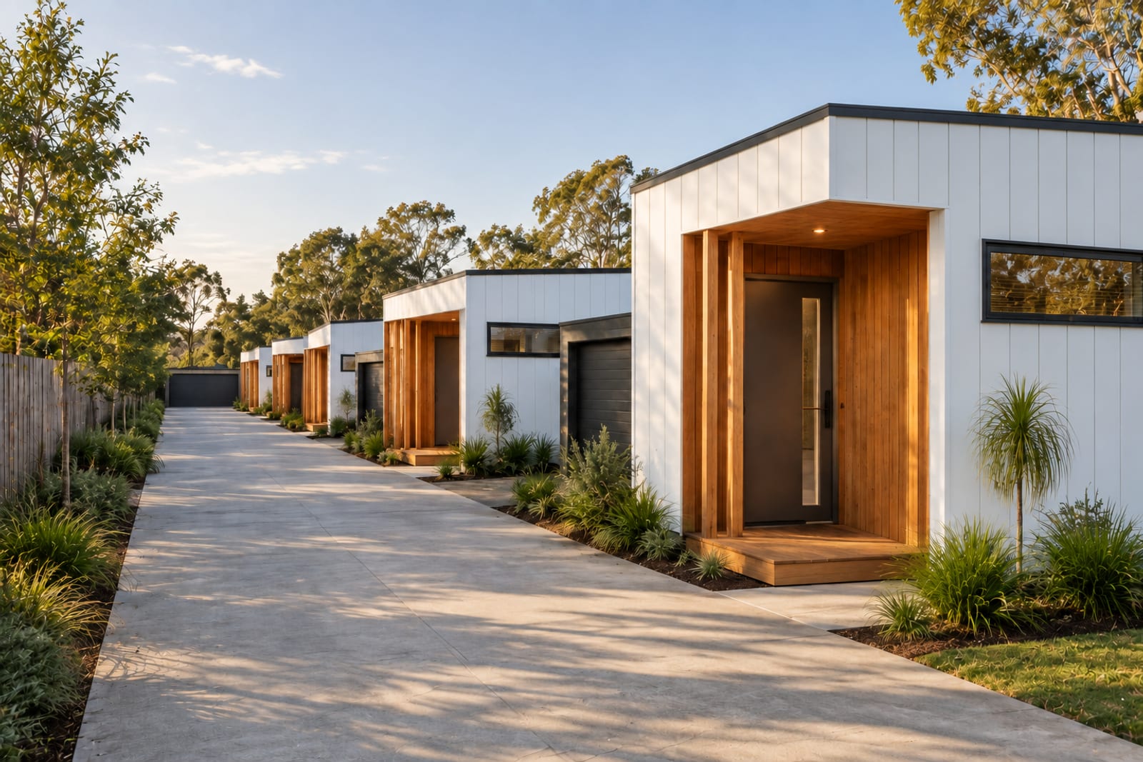 Down the shared driveway, four in a row — Vertical board