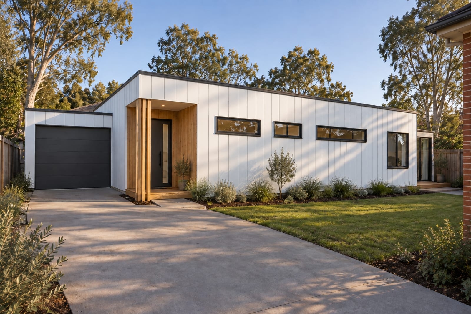 Front three-quarter from the driveway — Vertical board
