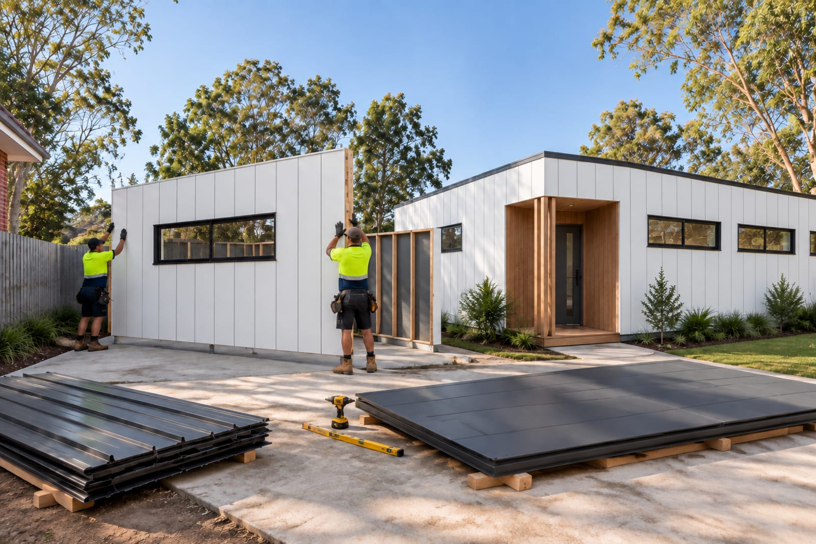 The garage kit goes up beside the house — Vertical board