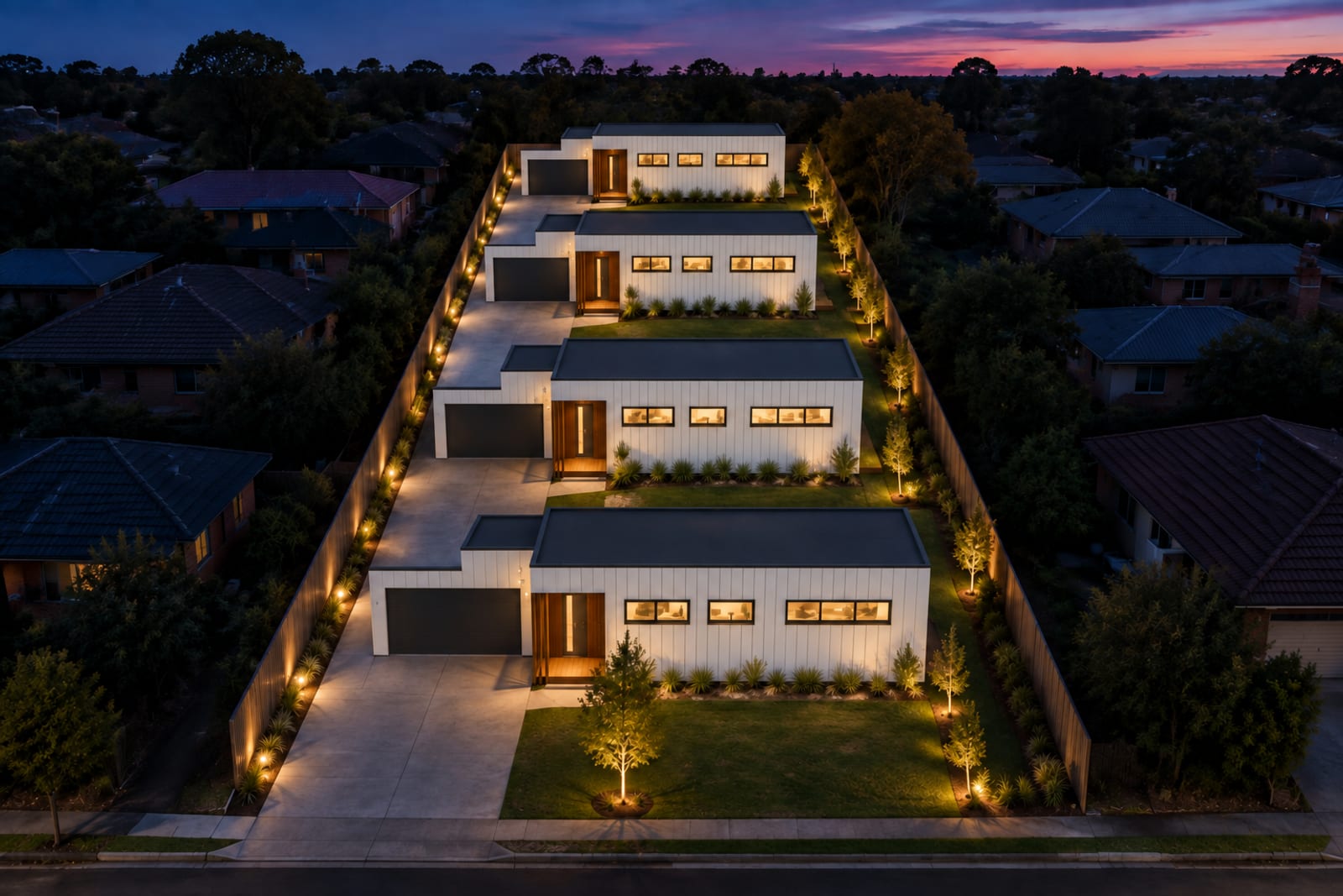 Four in a row at dusk, aerial — Vertical board