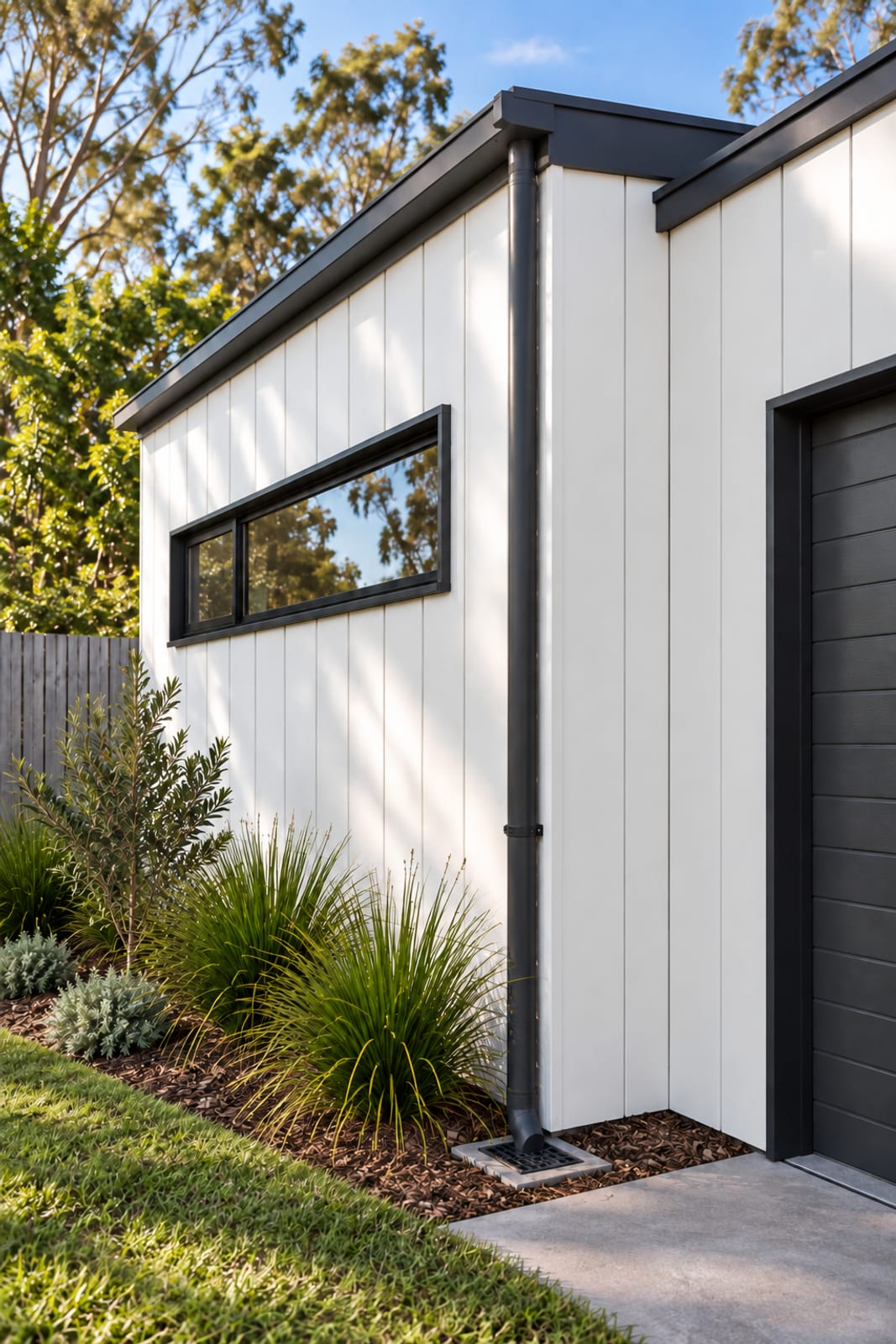 Box gutter and downpipe at the rear corner — Vertical board
