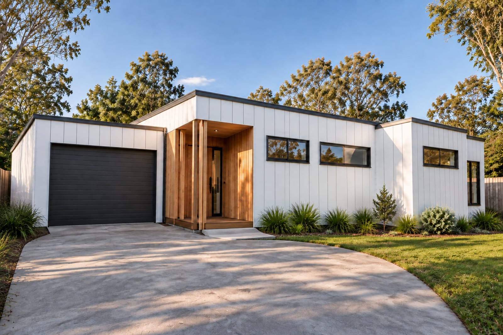 One roof plane over house and garage — Vertical board