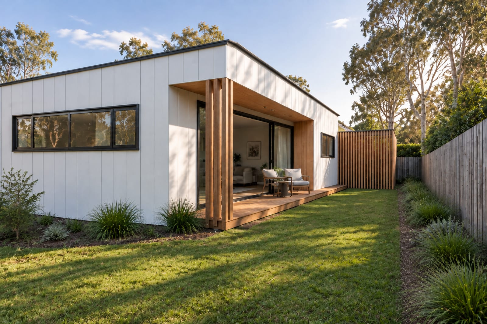 East side: sliding door and deck — Vertical board