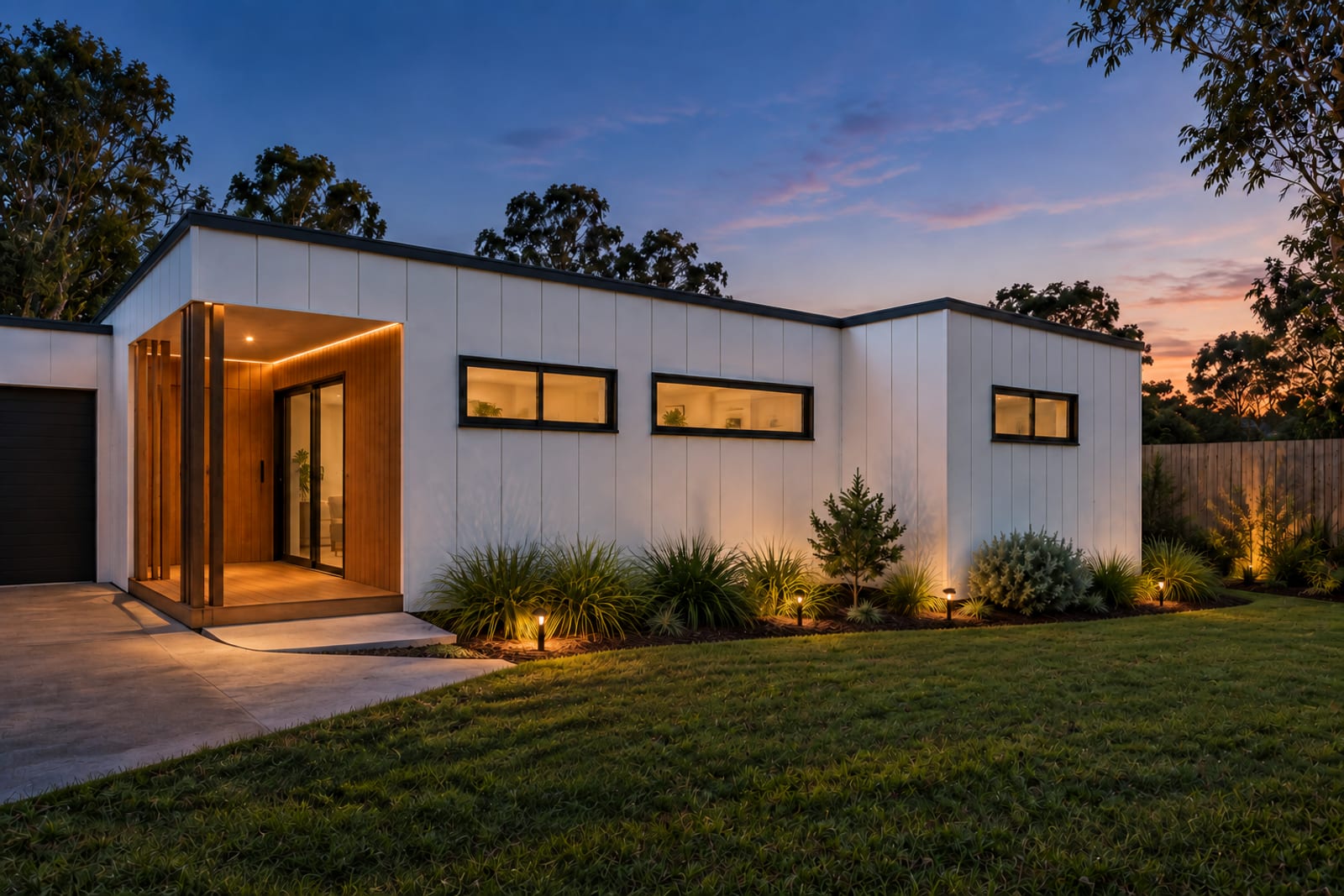 Rear corner at dusk — Vertical board