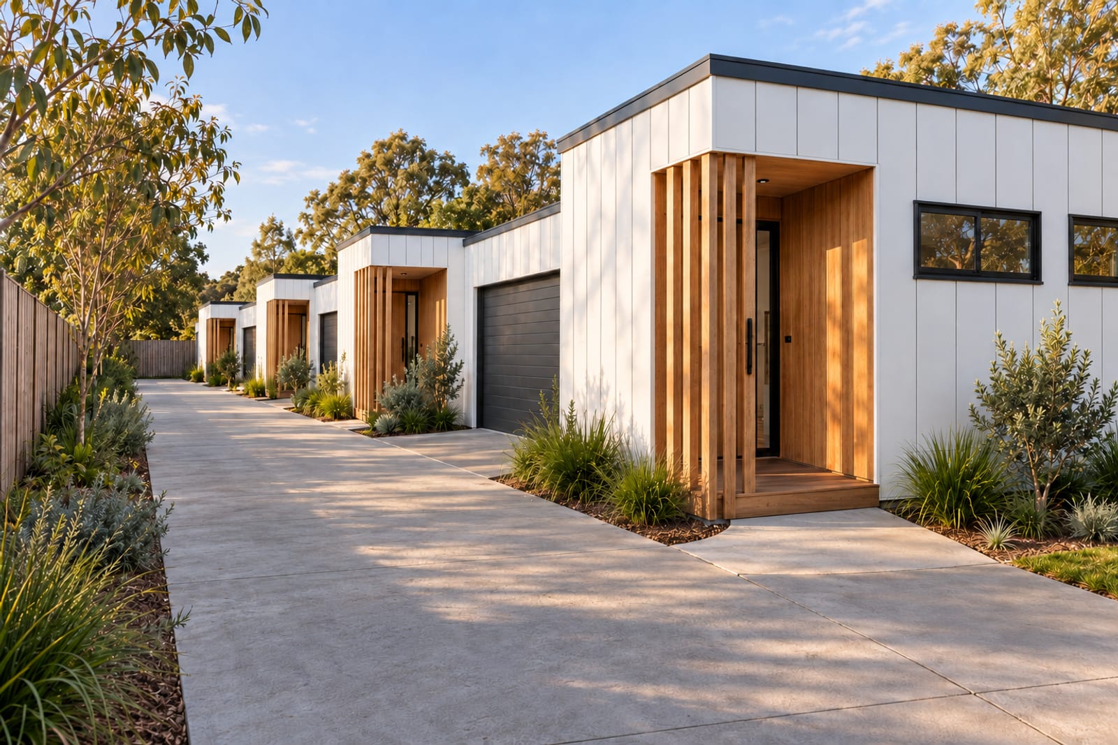 Down the shared driveway, four in a row — Vertical board
