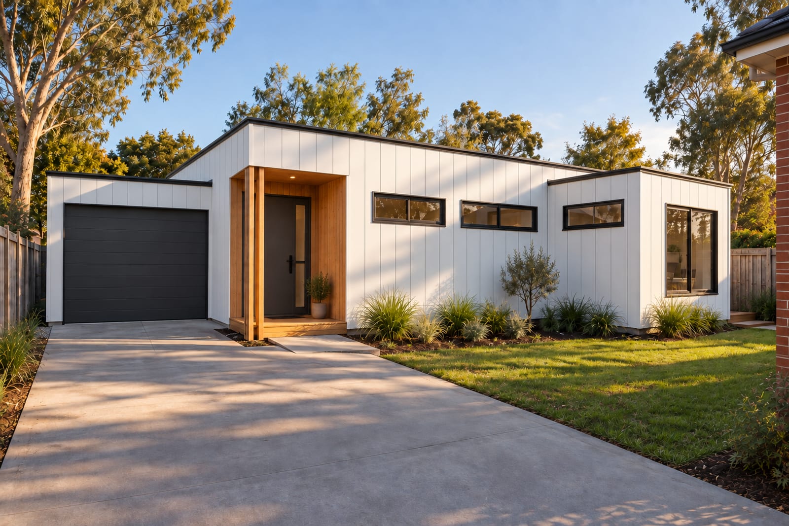 Front three-quarter from the driveway — Vertical board