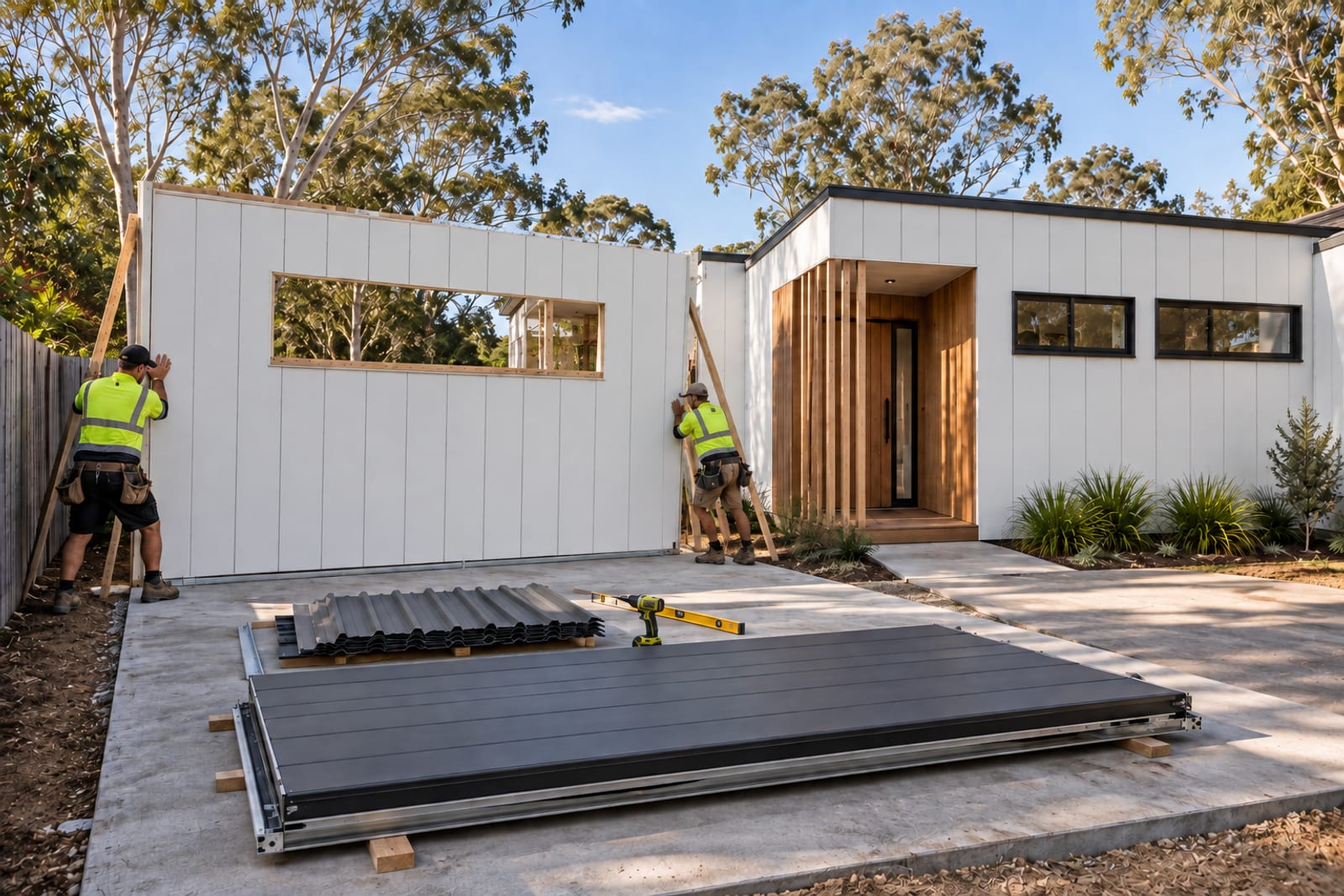 The garage kit goes up beside the house — Vertical board