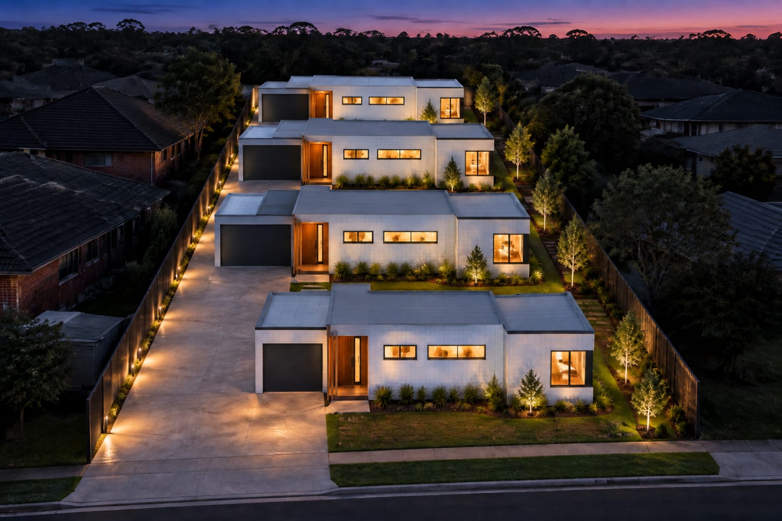 Four in a row at dusk, aerial — Vertical board