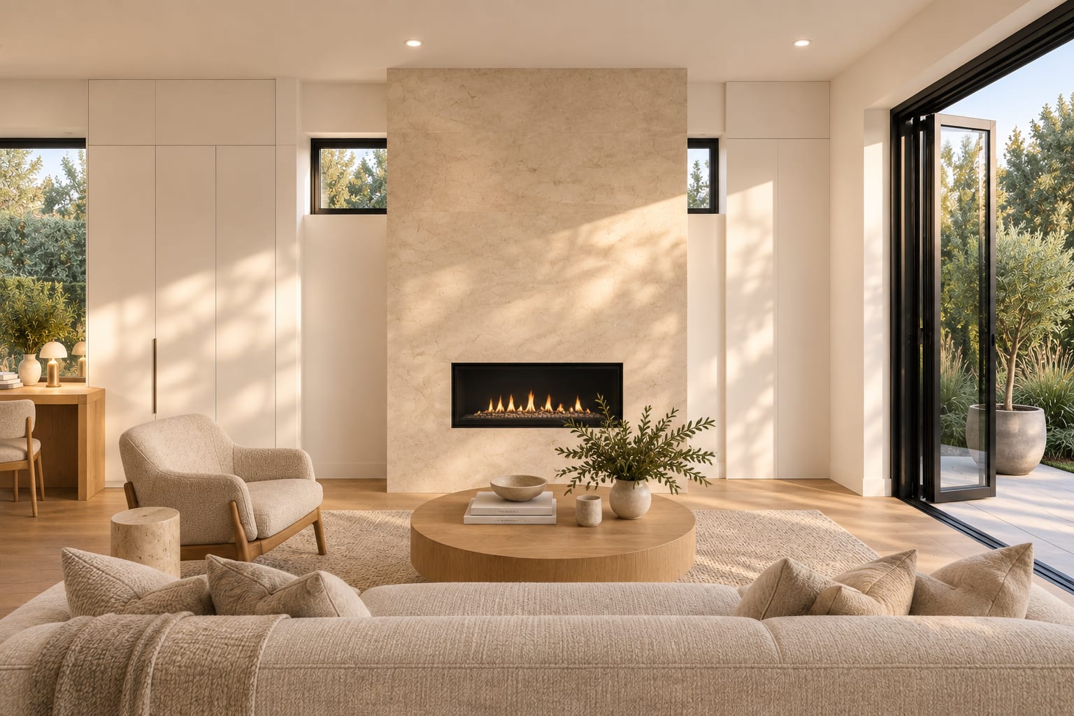 A fireplace under a clerestory