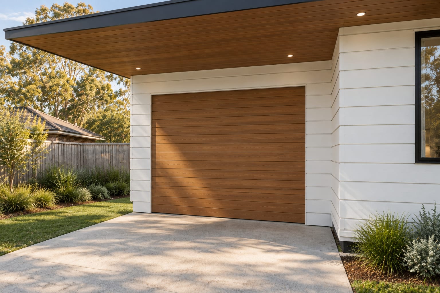 The garage and the roof link. — Horizontal boards