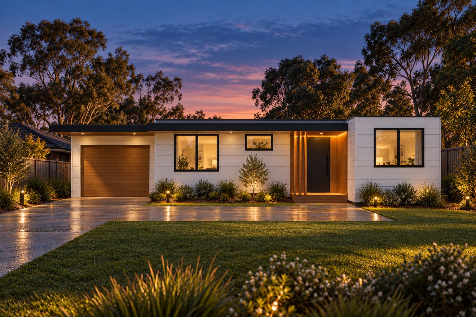 Dusk — the porch is lit from above.