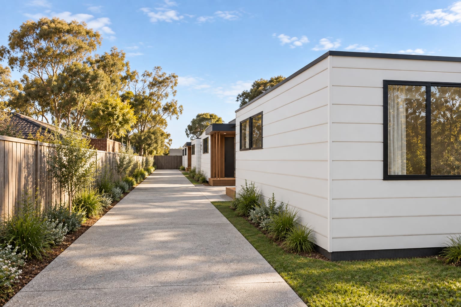 The shared driveway. — Horizontal boards