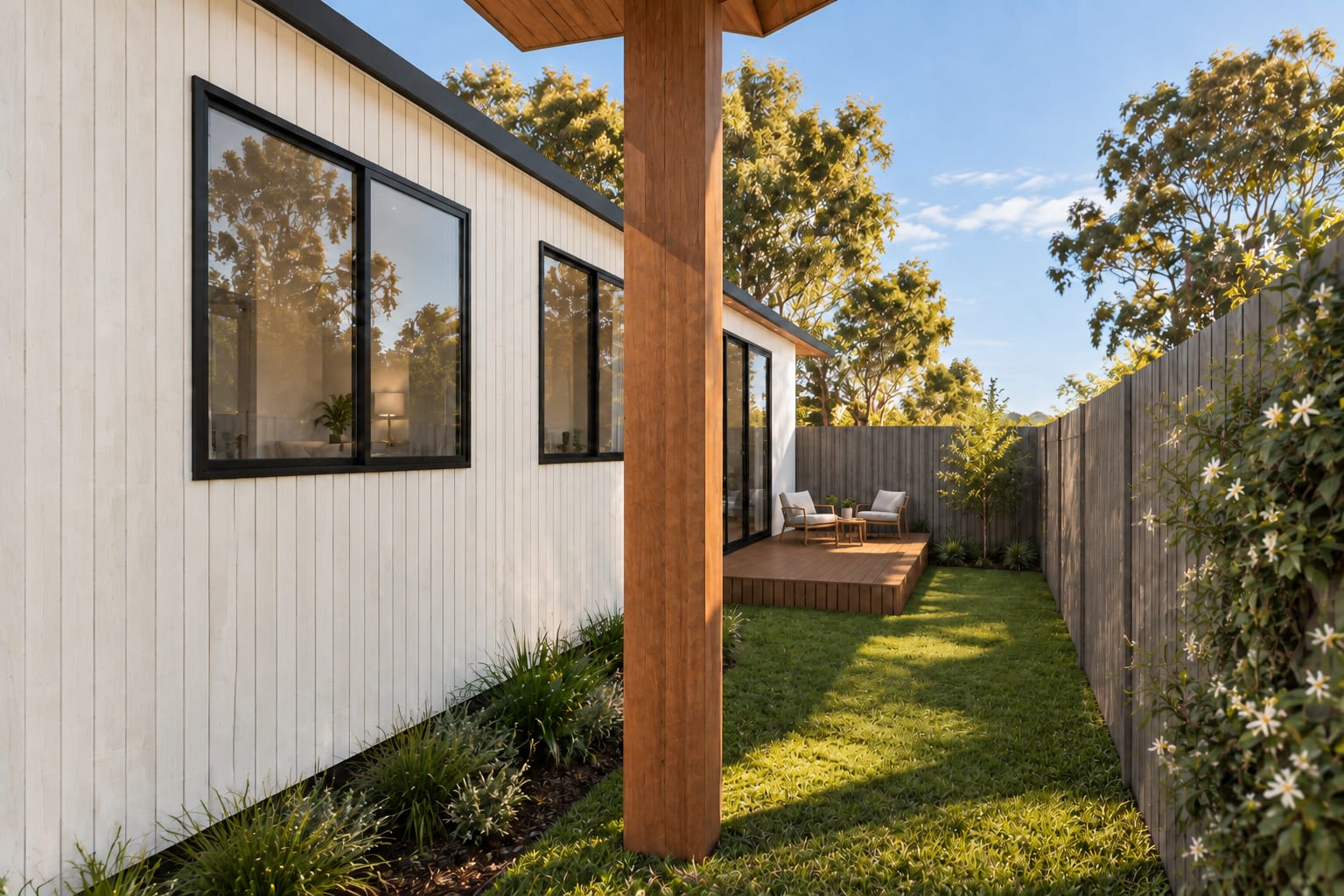 The private garden and the stacking door. — Vertical boards