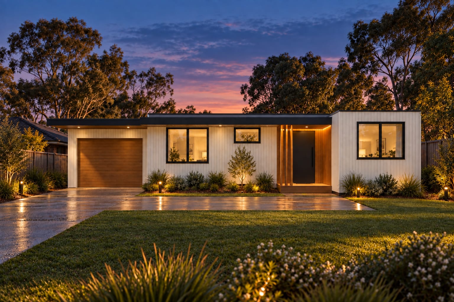 Dusk — the porch is lit from above. — Vertical boards
