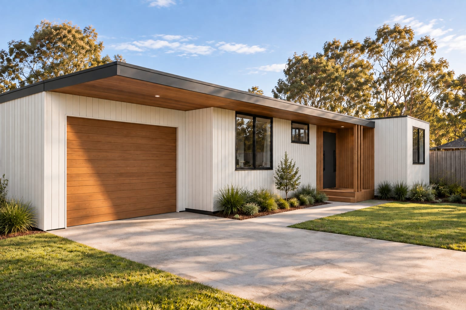 The low roof link from the garage. — Vertical boards
