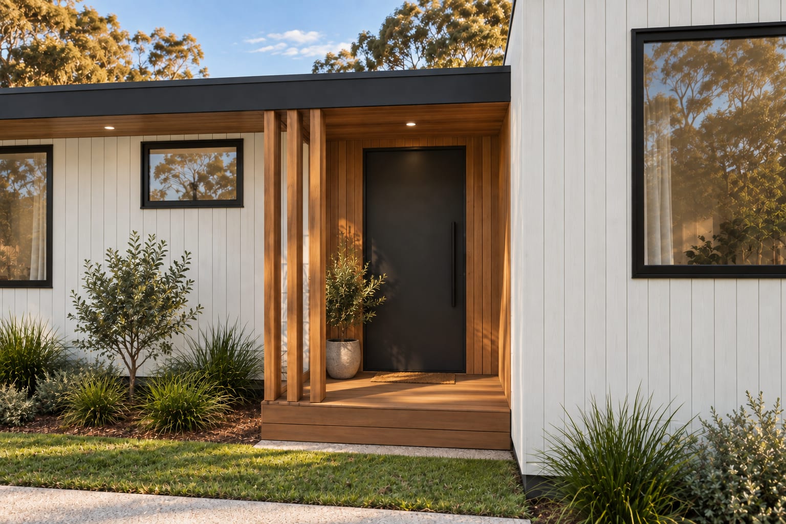The timber porch and its three blades. — Vertical boards