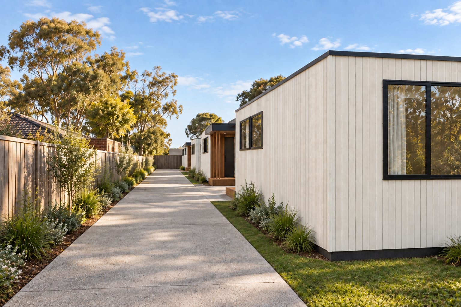 The shared driveway. — Vertical boards