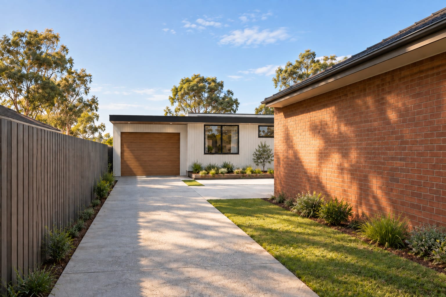 Up the driveway. — Vertical boards